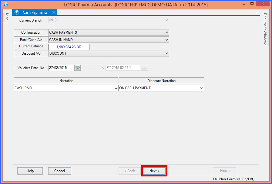 fmcg cash payments header details